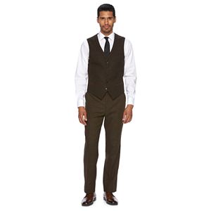 Men's WD.NY Slim-Fit Brown Shawl-Collar Tweed Wool-Blend Suit Vest
