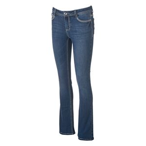 Juniors' Vanilla Star Mixed-Media Embellished Bootcut Jeans