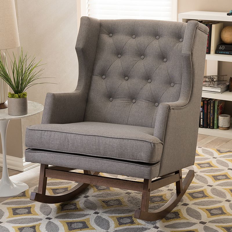 Baxton Studio Iona Mid-Century Modern Wingback Tufted Rocking Chair, Grey