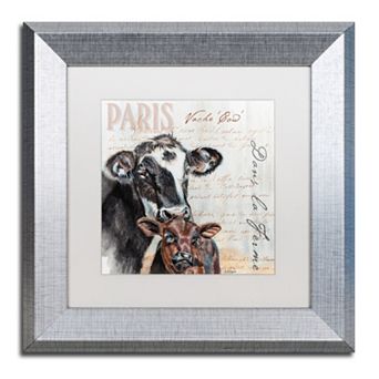 Trademark Fine Art Dans "la Ferme" Cow Silver Finish Framed Wall Art