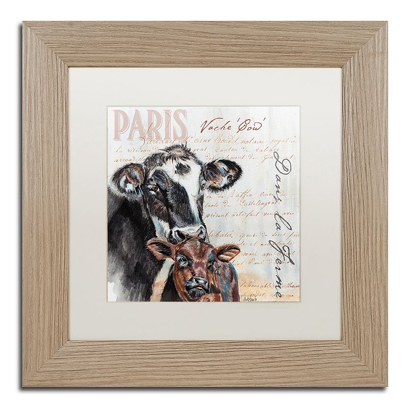 Trademark Fine Art Dans la Ferme Cow Birch Finish Framed Wall Art, Whi
