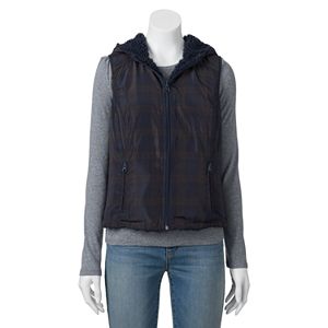 Juniors' Coffee Shop Plaid Plush Reversible Vest