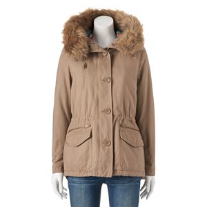 Juniors' Coffee Shop Hooded Faux-Fur & Twill Jacket