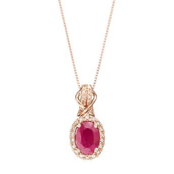 Gemminded 10k Rose Gold Ruby & 1/6 Carat T.W. Diamond Halo Pendant Necklace