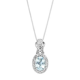 Gemminded 10k White Gold Aquamarine & 1/6 Carat T.W. Diamond Halo Pendant Necklace