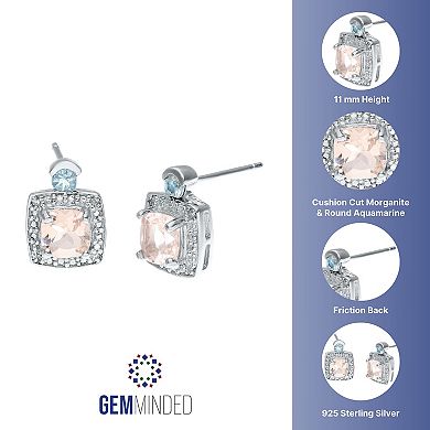 Gemminded Sterling Silver Morganite & Aquamarine Halo Stud Earrings