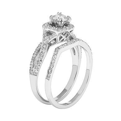 14k White Gold 1 Carat T.W. IGL Certified Diamond Halo Engagement Ring Set