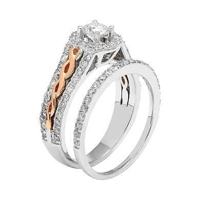 14k White Gold 1 Carat T.W. IGL Certified Diamond Halo Engagement Ring Set