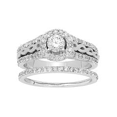 14k White Gold 1 Carat T.W. IGL Certified Diamond Halo Engagement Ring Set by