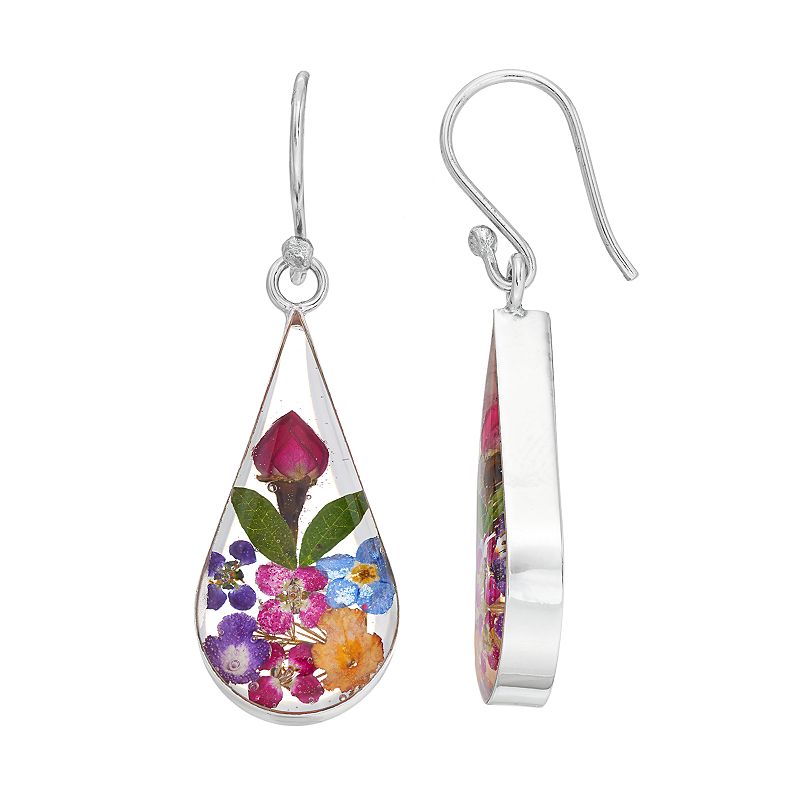 Everlasting Flowers Jewelry Sterling Silver Pressed Flower Teardrop Earrings, Women's, Multicolor