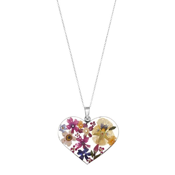 24k Gold Over Silver Pressed Flower Heart Pendant Necklace