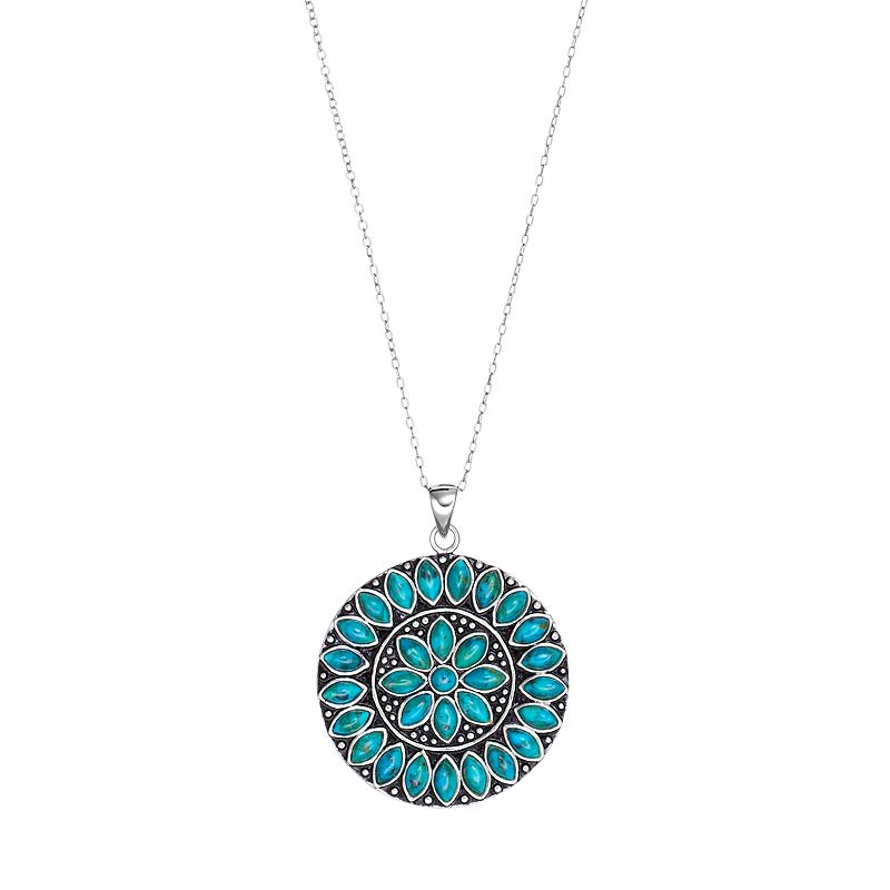 Sterling Silver Simulated Turquoise Medallion Pendant, Womens, Size: 18
