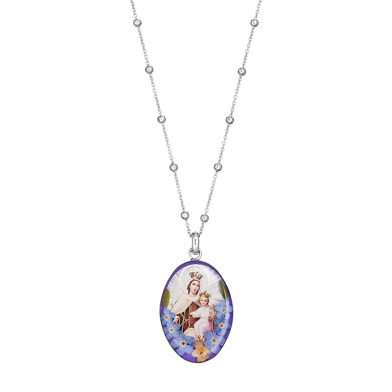 Sterling Silver Pressed Flower Mary & Jesus Pendant Necklace, Womens, Siz