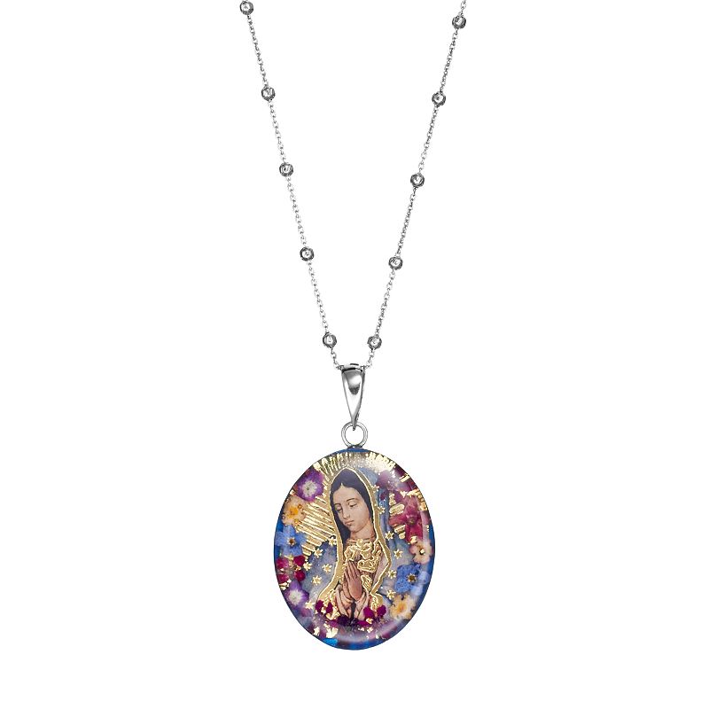 Everlasting Flowers Jewelry Sterling Silver Large Pressed Flower Mary Pendant Necklace, Women's, Size: 24", Multicolor
