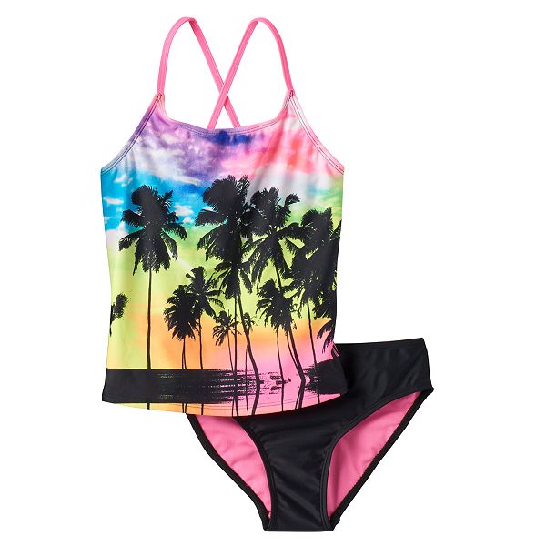 Girls 7-16 SO® Palm Tree Rainbow 2-pc. Tankini Swimsuit Set