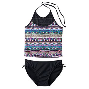 Girls Plus Size SO® Mesh Yoke 2-pc. Halter Tankini Swimsuit Set