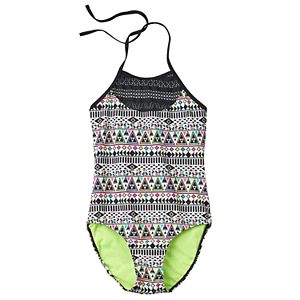 Girls Plus Size SO® Mesh Yoke Neon Tribal Halter One-Piece Swimsuit