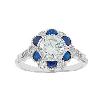 Sterling Silver Cubic Zirconia & Lab-Created Blue Spinel Flower Ring