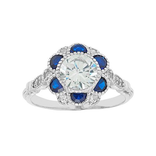 Sterling Silver Cubic Zirconia & LabCreated Blue Spinel Flower Ring