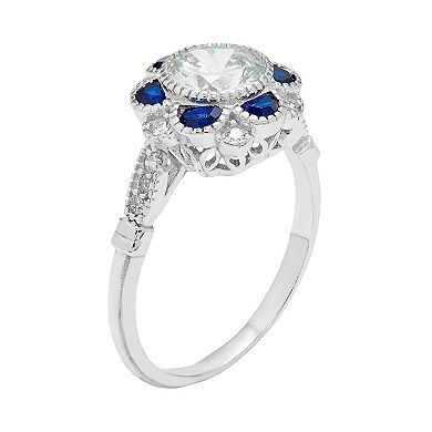 Sterling Silver Cubic Zirconia & Lab-Created Blue Spinel Flower Ring