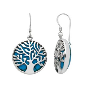 Sterling Silver Simulated Turquoise Tree of Life Drop Earrings