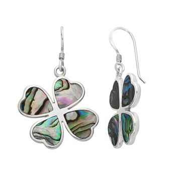 Sterling Silver Abalone Heart Four Leaf Clover Drop Earrings