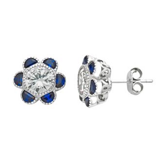 Sterling Silver Cubic Zirconia & Lab-Created Blue Spinel Flower Stud Earrings