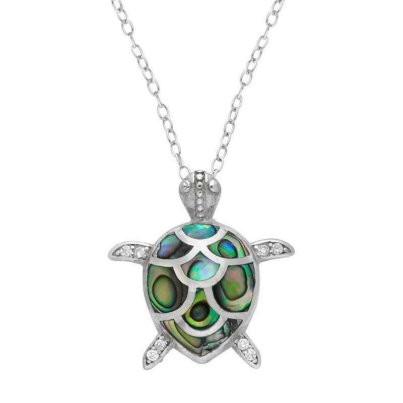 Sterling Silver Abalone & Cubic Zirconia Turtle Pendant Necklace, Womens,