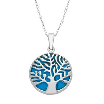 Sterling Silver Simulated Turquoise Reversible Tree of Life Pendant Necklace