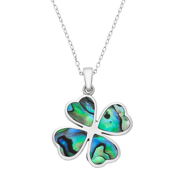 Sterling Silver Abalone Heart Four Leaf Clover Pendant Necklace