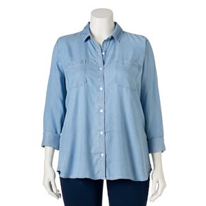 Juniors' Plus Size SO庐 Perfectly Soft Button-Down Chambray Shirt