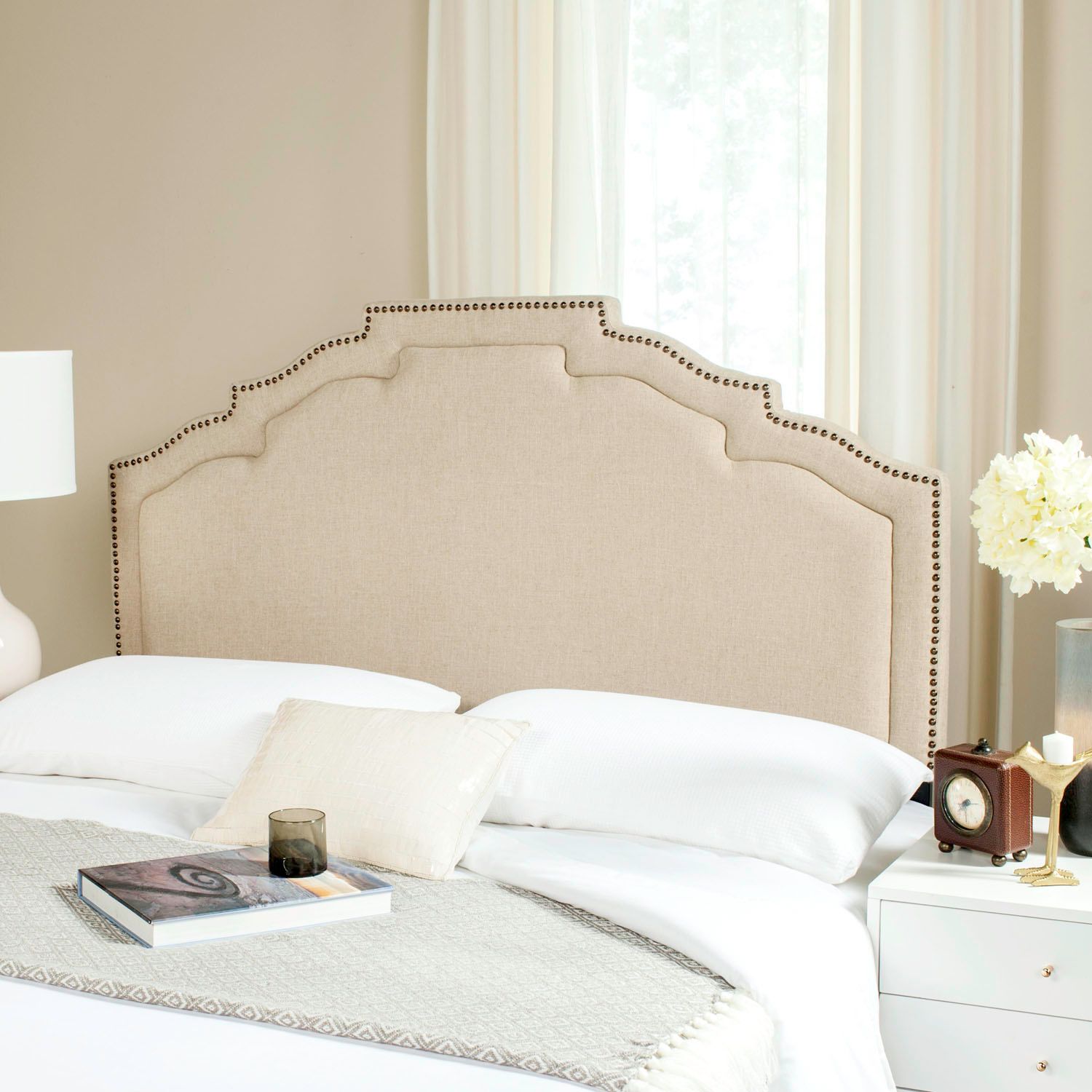 Safavieh MCR4628M Upholstered Headboard, Queen - Wheat & Pale Blue With Nailhead Trim