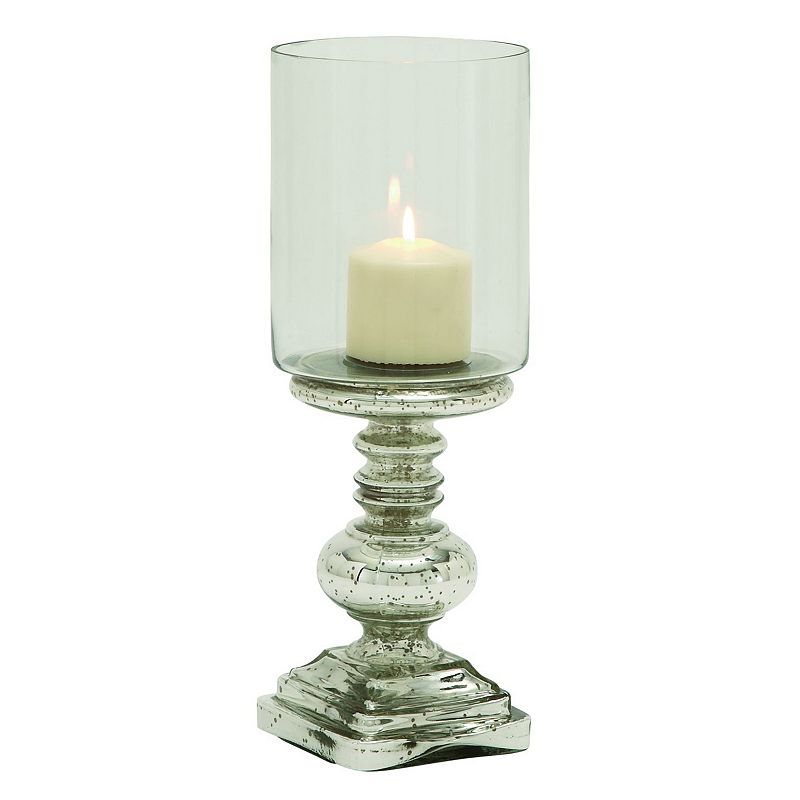 Mercury Glass Finish Ball Pedestal Hurricane Candle Holder, Silver