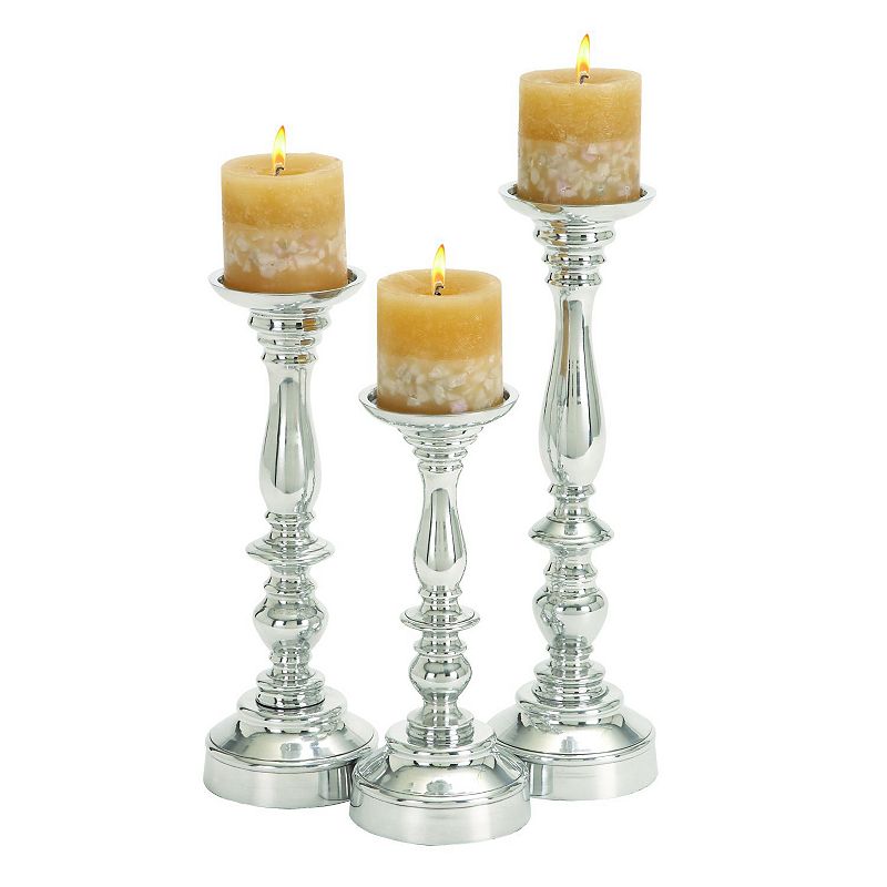 Grooved Pillar Candle Holder 3-piece Set, Silver