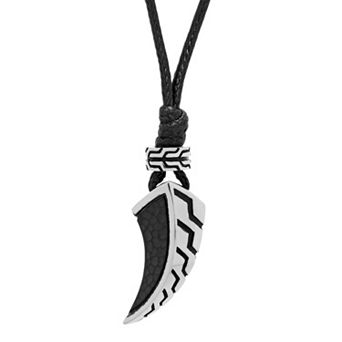 LYNX Men's Stainless Steel & Black Leather Cord Canine Tooth Pendant