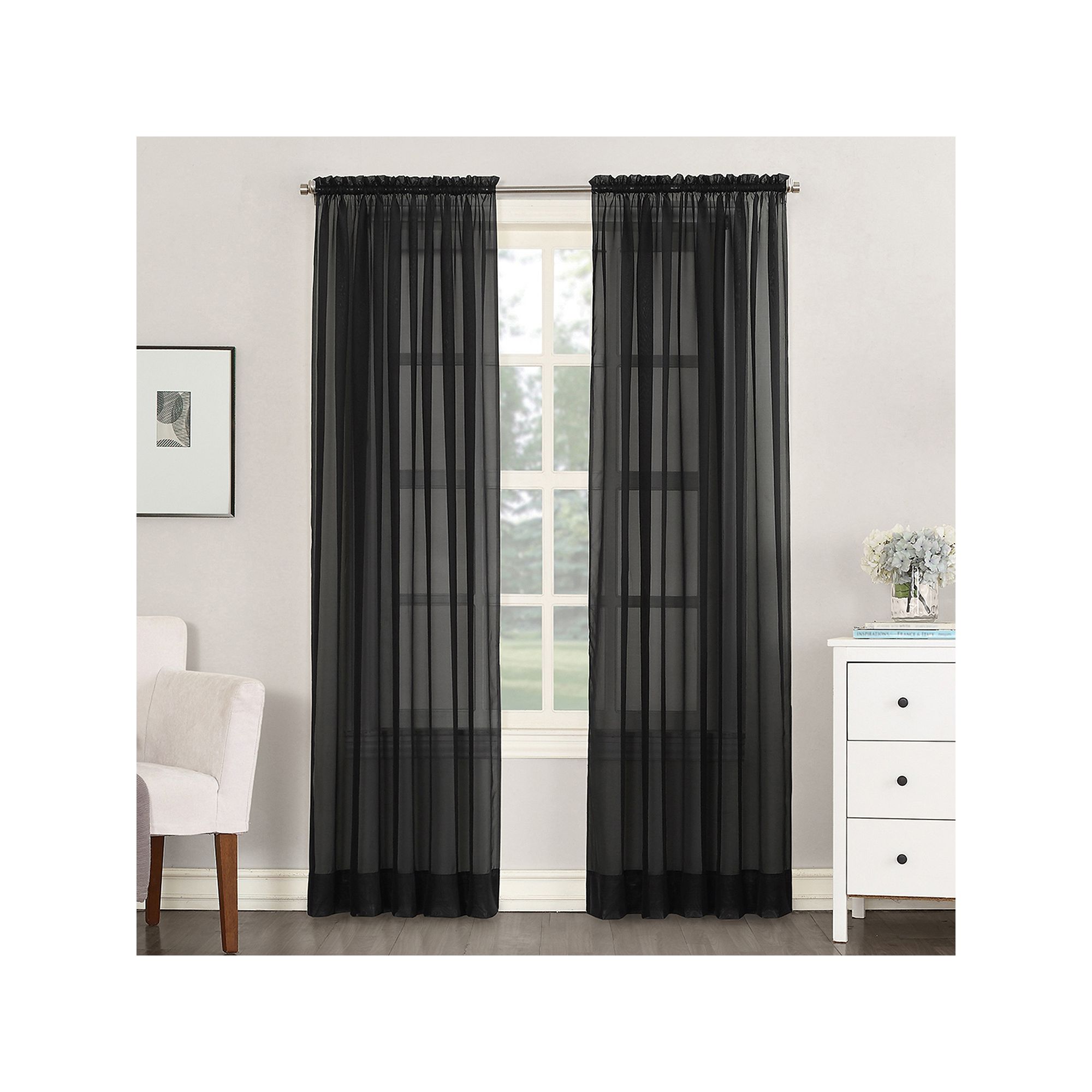 No. 918 Emily Solid Sheer Voile Rod Pocket Single Window Curtain Panel, Bla