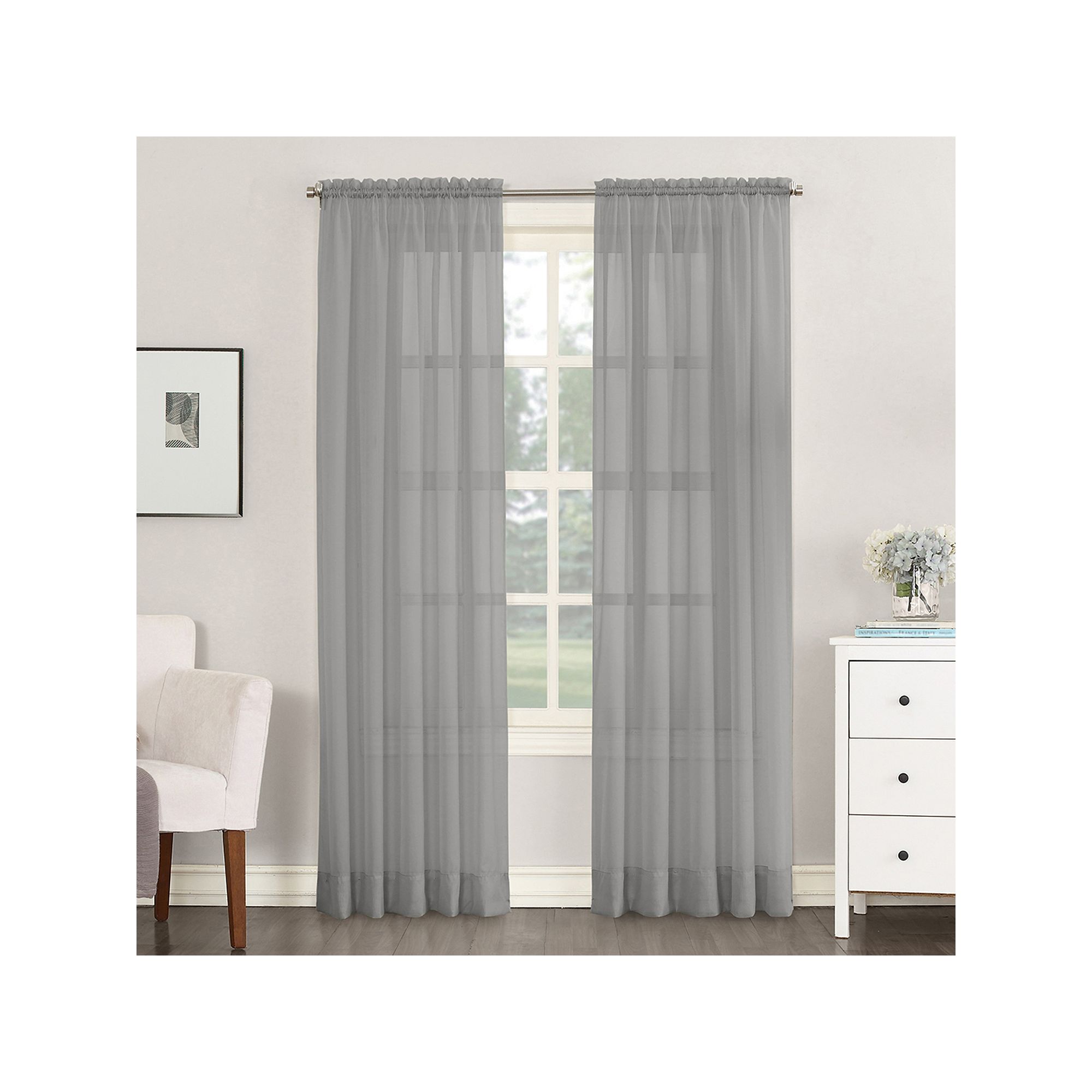 No. 918 Emily Solid Sheer Voile Rod Pocket Single Window Curtain Panel, Gre