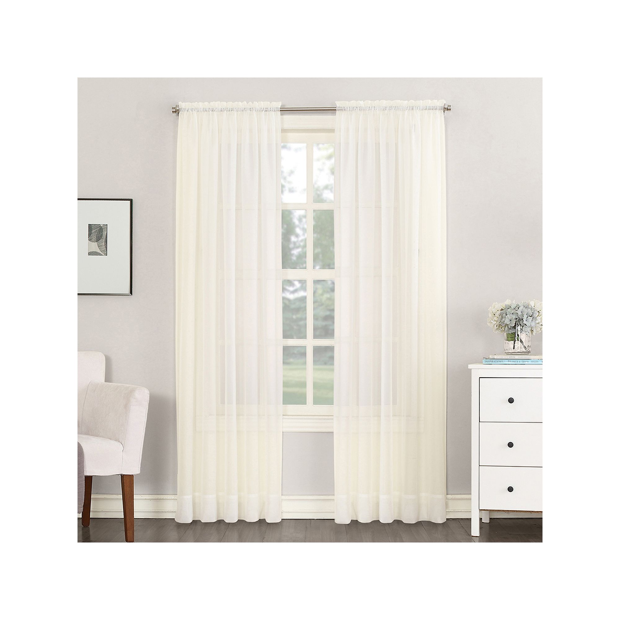 No. 918 Emily Solid Sheer Voile Rod Pocket Single Window Curtain Panel, Ivo