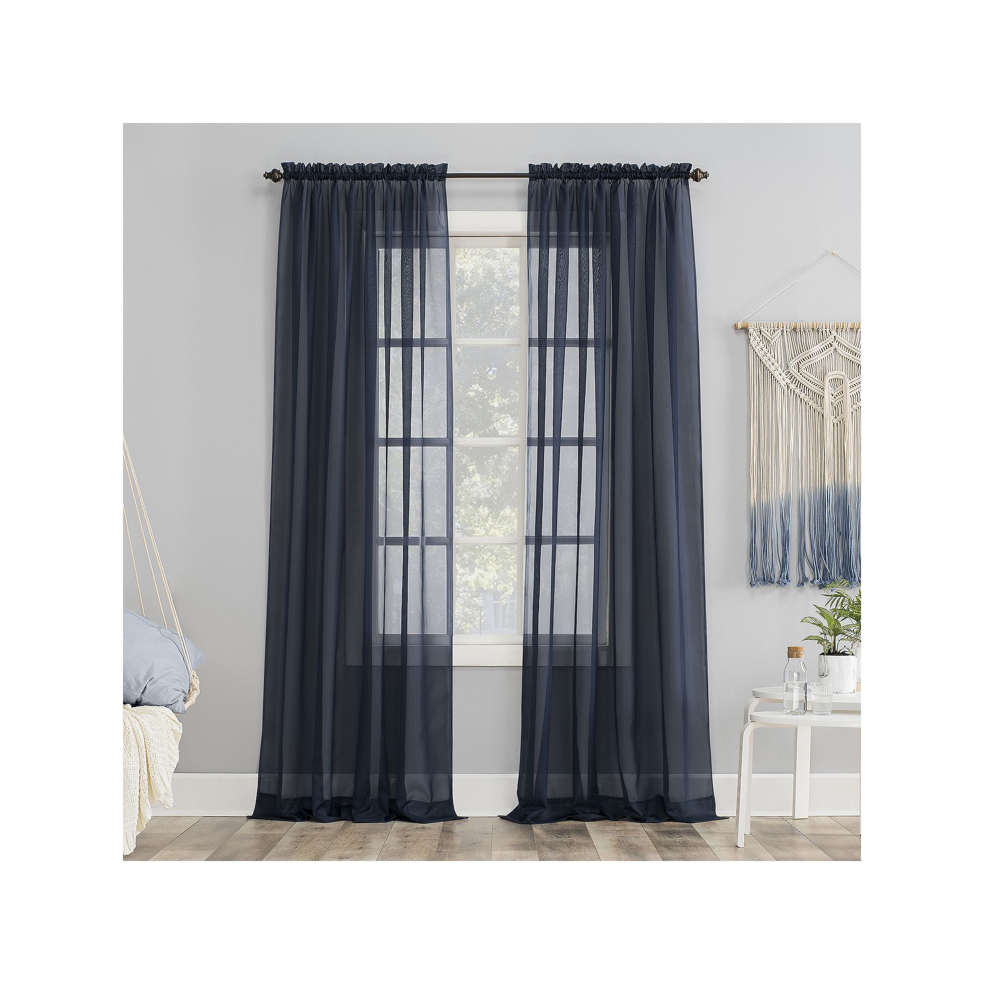 No. 918 Emily Solid Sheer Voile Rod Pocket Single Window Curtain Panel, Blu