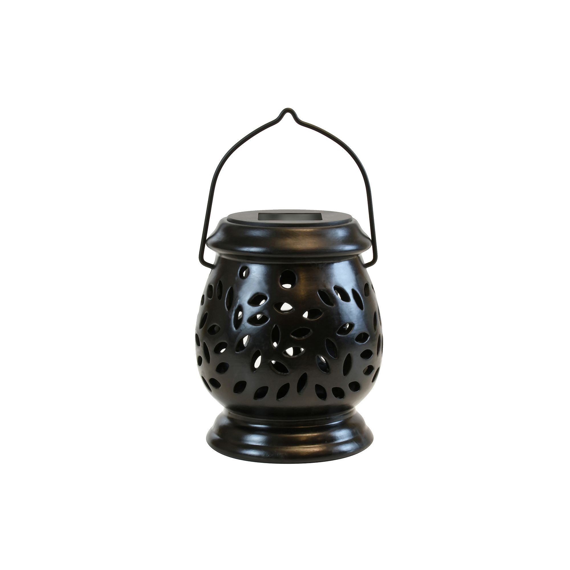 LumaBase Solar Powered Black Ceramic Lantern, White