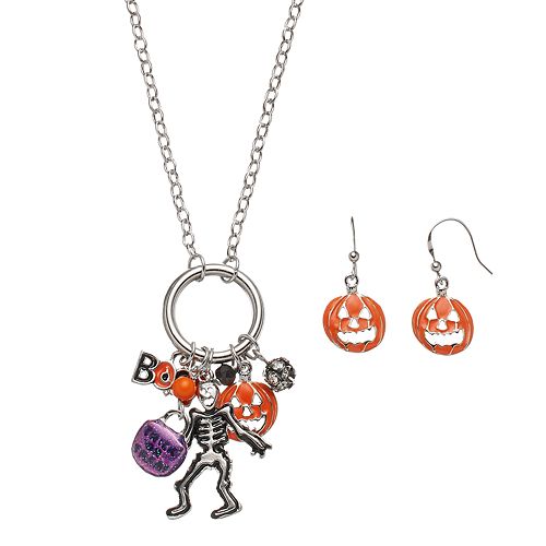 Halloween Skeleton & "Boo" Charm Necklace & Earring Set