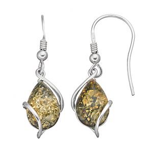 Platinum Over Silver Green Amber Teardrop Earrings