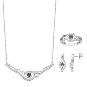 Sterling Silver 1/4 Carat T.W. Black & White Diamond Necklace, Earring & Ring Set