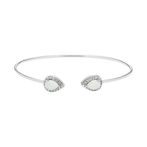Sterling Silver Lab-Created White Opal & White Sapphire Teardrop Halo Cuff Bracelet
