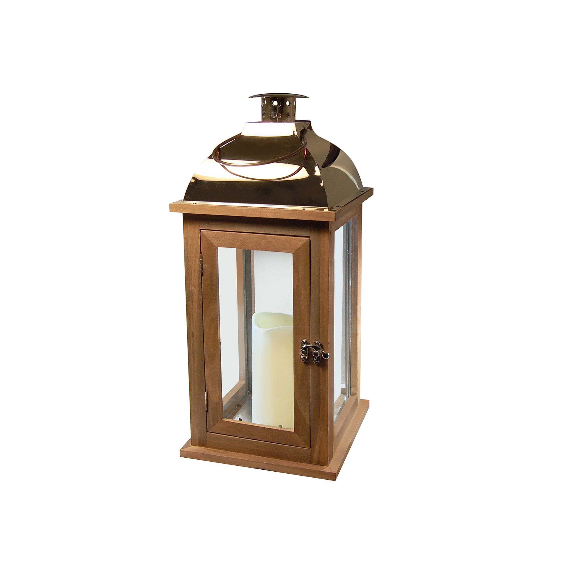 LumaBase Wood & Copper Finish LED Candle Lantern, Brown