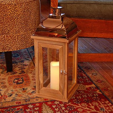 LumaBase Wood & Copper Finish LED Candle Lantern 