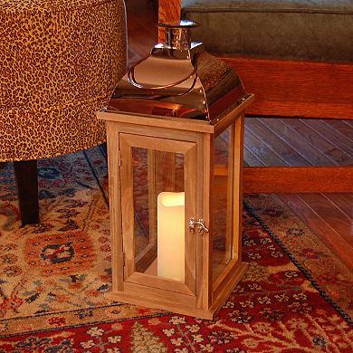 LumaBase Wood & Copper Finish LED Candle Lantern