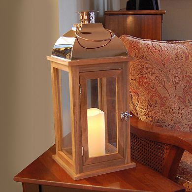 LumaBase Wood & Copper Finish LED Candle Lantern