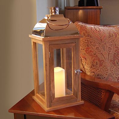 LumaBase Wood & Copper Finish LED Candle Lantern 