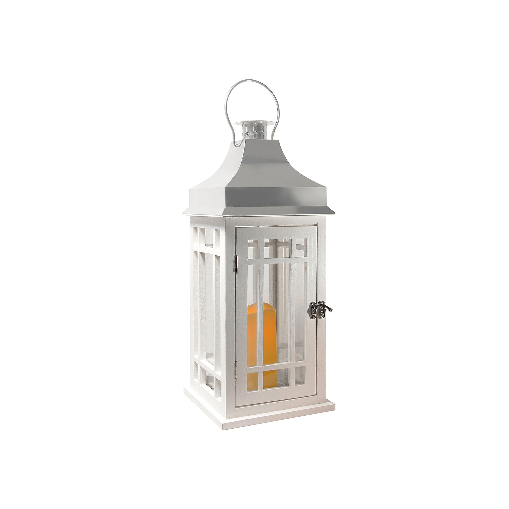 LumaBase Wooden Lantern with Battery Operated Candle - White with Chrome Ro